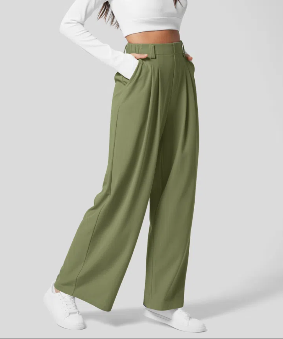 Women's High Waist Wide Leg Pants – Elastic Waist Four Pocket Trousers