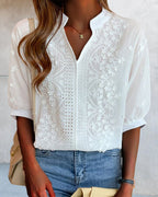 Women's V-Neck Puff Sleeve Blouse – Relaxed Long Sleeve Blouse
