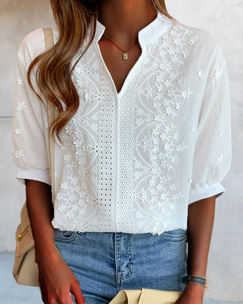 Women's V-Neck Puff Sleeve Blouse – Relaxed Long Sleeve Blouse