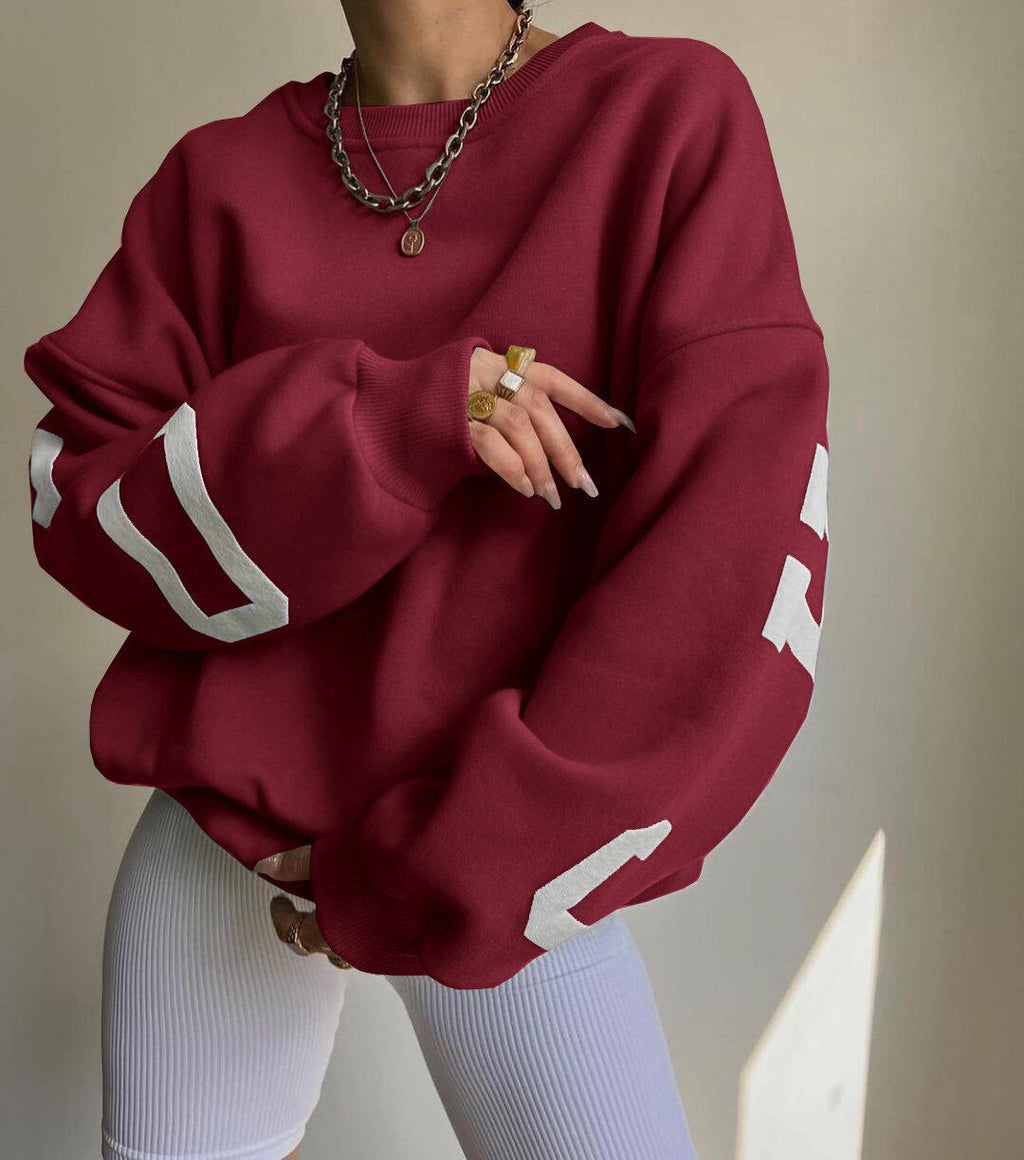 Women's Crew Neck Graphic Sweater – Printed Sleeve Relaxed Fit Pullover