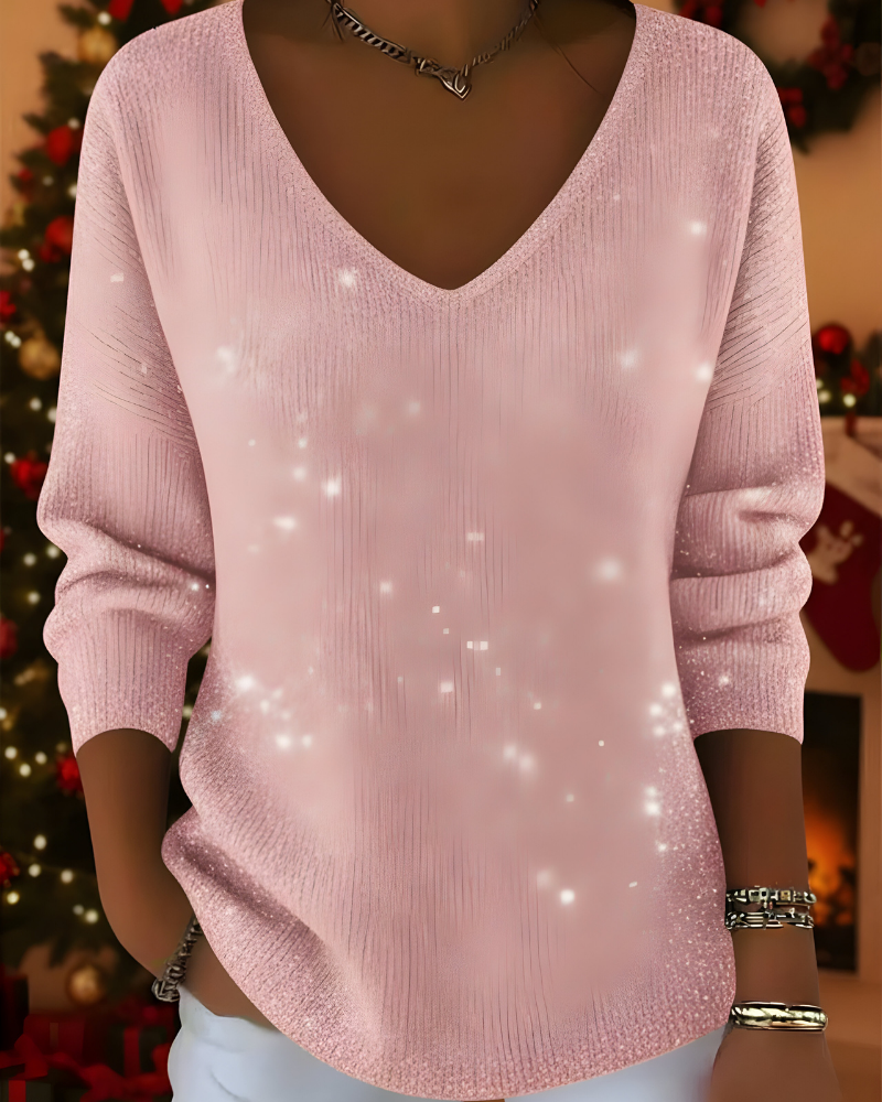 Women's Shimmer Knit Sweater – Glitter Ribbed Long Sleeve Pullover