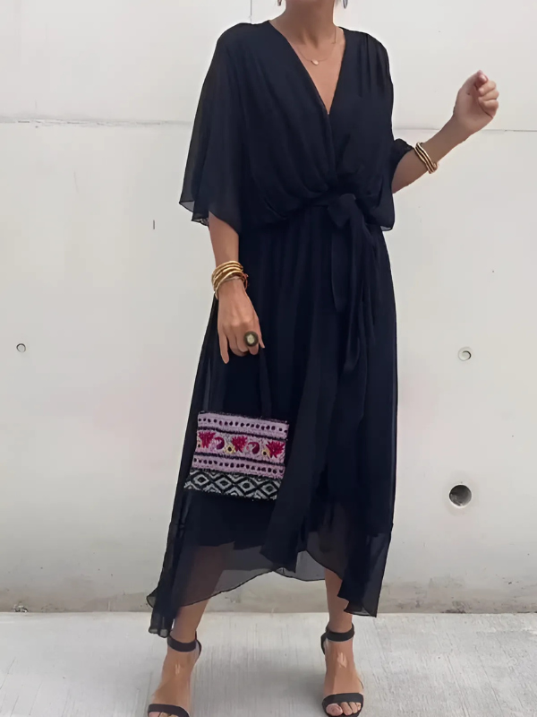 Women's Wrap Midi Dress – Tie Waist Dress – Autumn