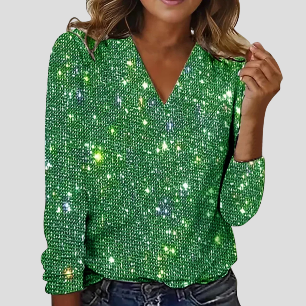 Women's Sparkle V-Neck Blouse – Sequin Long Sleeve Evening Blouse