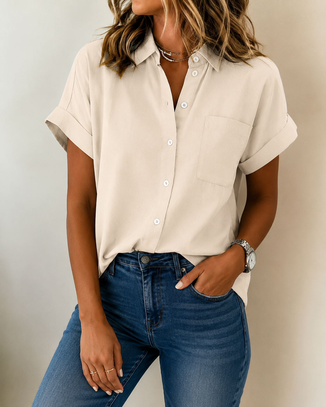 Women's Relaxed Button Blouse – Flowy Long Sleeve Shirt Blouse