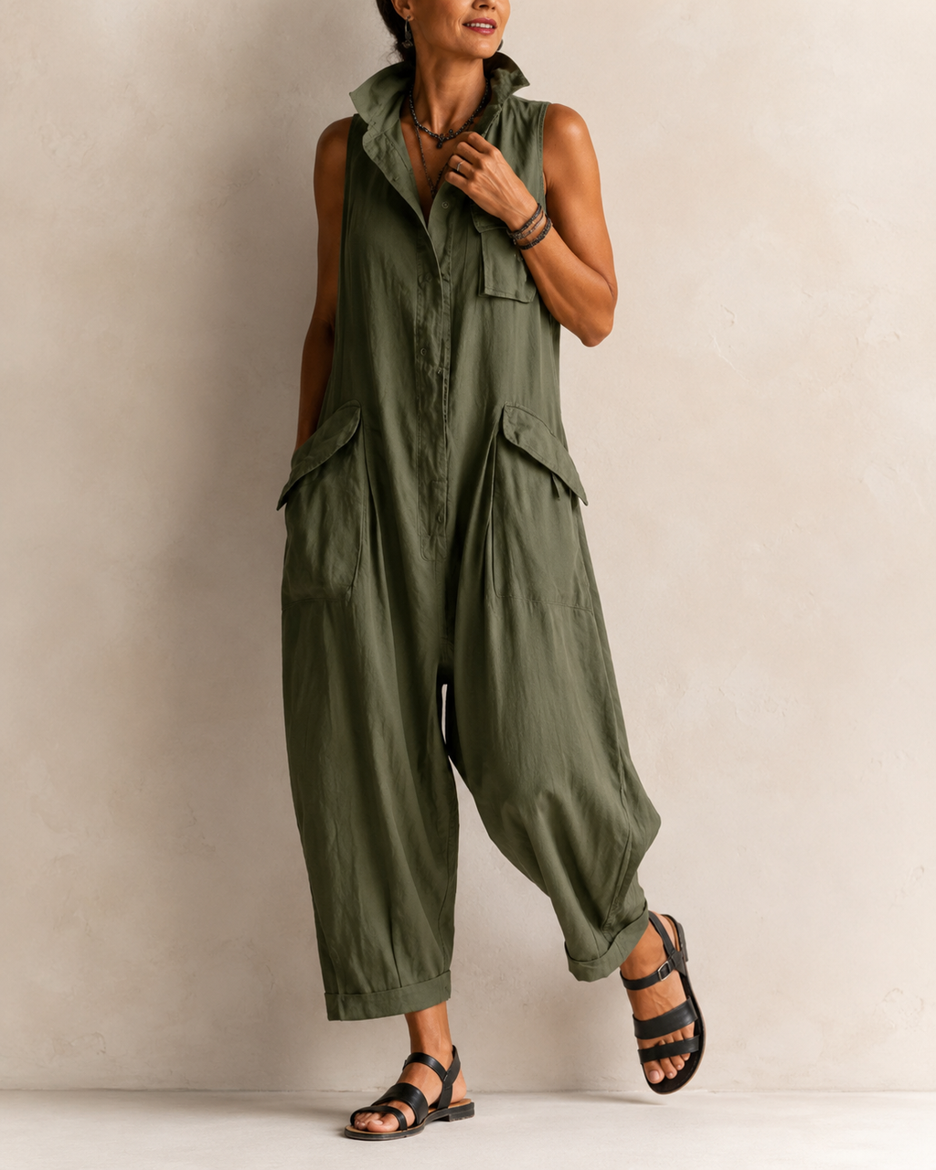 Women's Sleeveless Collared Jumpsuit – Relaxed Fit Pocket Summer Jumpsuit