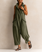 Women's Sleeveless Collared Jumpsuit – Relaxed Fit Pocket Summer Jumpsuit