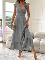 Women's V-Neck Tiered Maxi Dress – Short Sleeve Smocked Waist Evening Dress