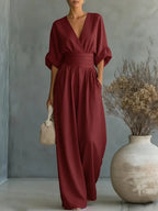Women's V-Neck Wide Leg Jumpsuit – High Waist Pocket Formal Jumpsuit