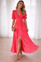 Women's Puff Sleeve Maxi Dress – V-Neck Occasion Dress