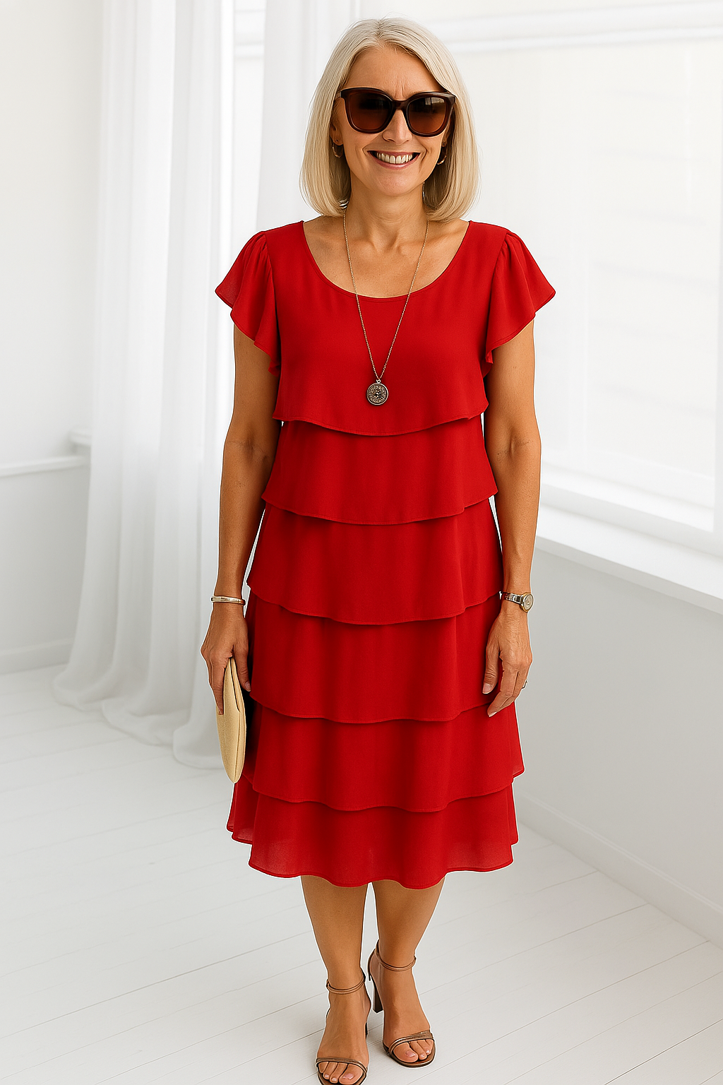 Women's Layered Midi Dress – Short Sleeve Dress