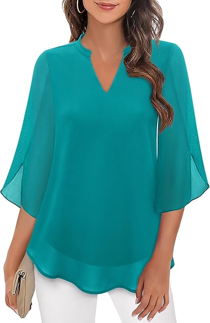 Women's V-Neck Wide Sleeve Blouse – Loose Fit Flowy Casual Blouse