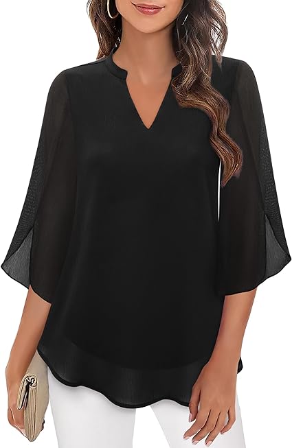 Women's V-Neck Wide Sleeve Blouse – Loose Fit Flowy Casual Blouse