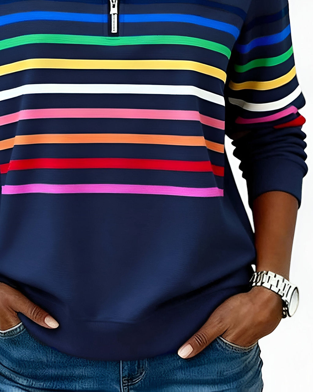 Women's Striped Quarter-Zip Sweater – High Neck Long Sleeve Pullover