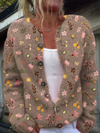 Women's Floral Embroidered Knit Cardigan – Button Front Long Sleeve Cardigan