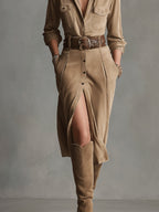 Women's Suede Effect Midi Dress – Long Sleeve Dress