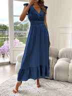 Women's V-Neck Tiered Maxi Dress – Short Sleeve Smocked Waist Evening Dress