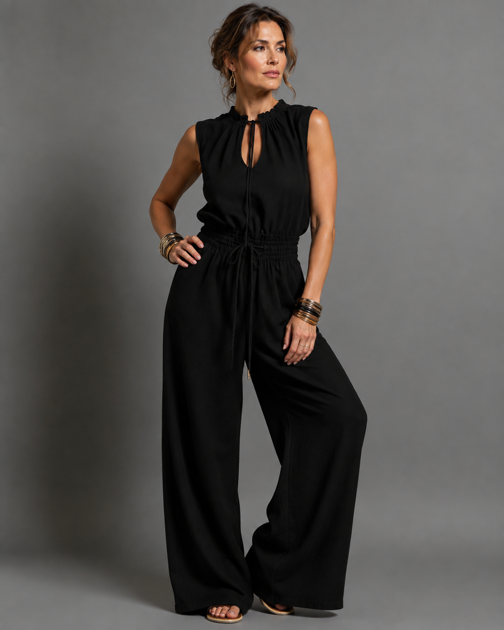 Women's Sleeveless Wide Leg Jumpsuit – High Neck Belted Summer Jumpsuit