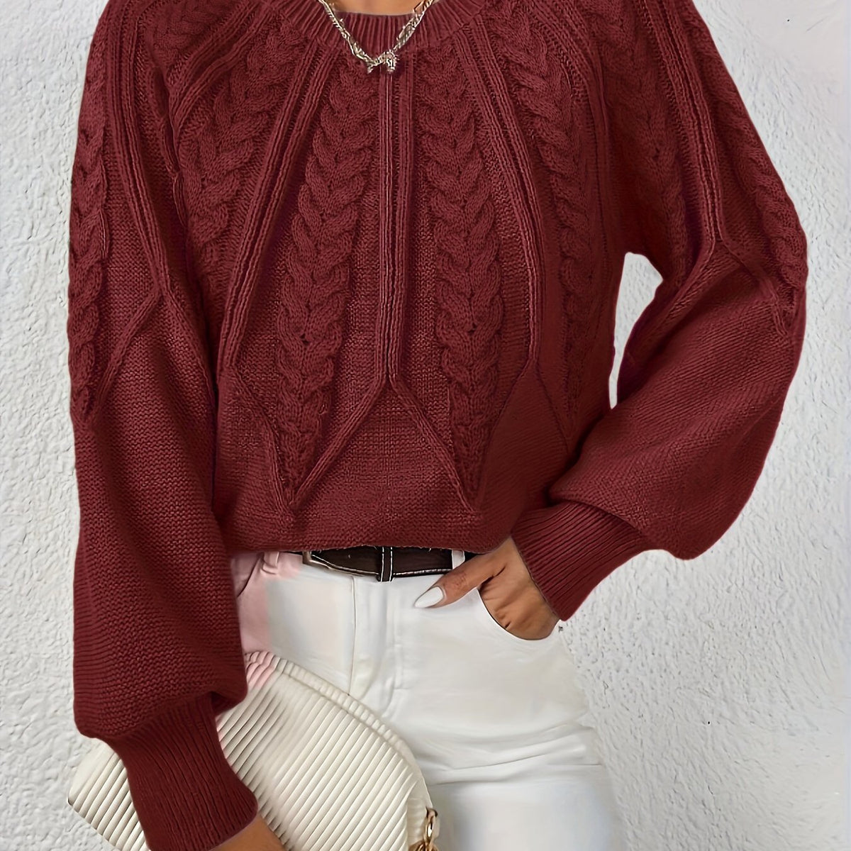 Women's Lantern Sleeve Sweater – Cable Knit Winter Sweater