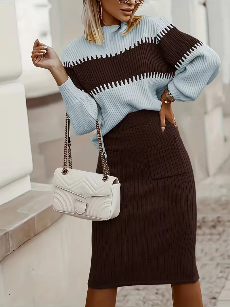 Women's Ribbed Sweater Set – Matching Knit Skirt Set