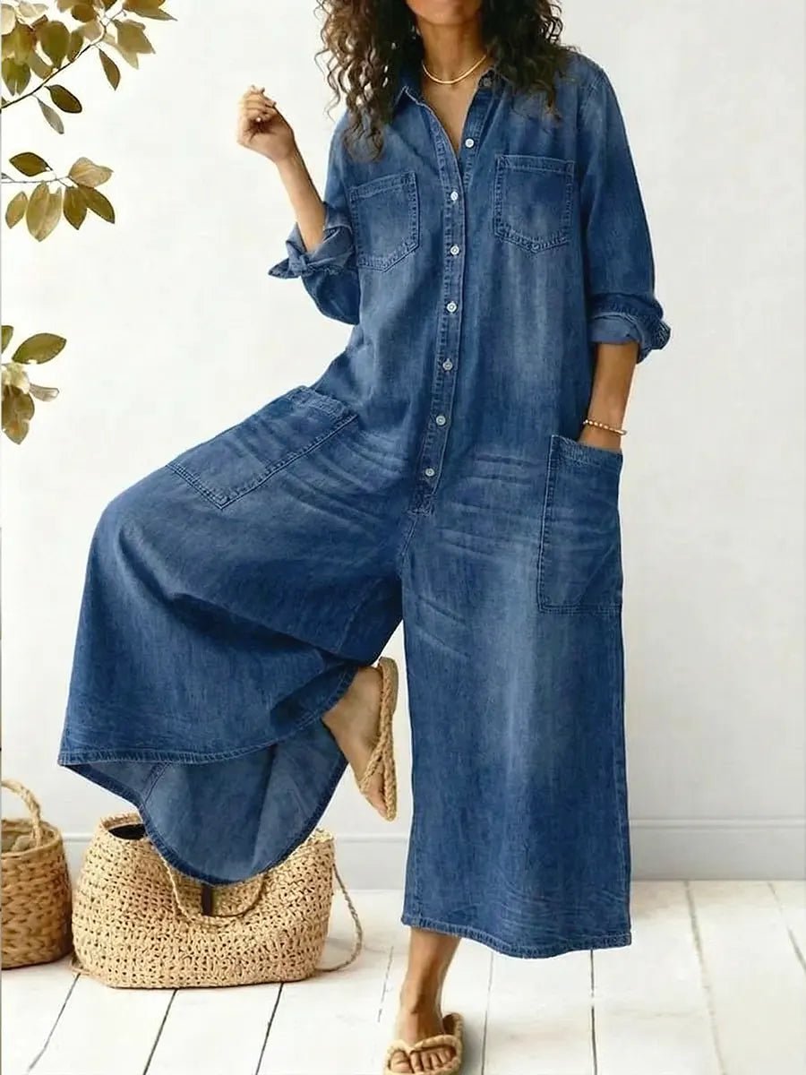 Women's Denim Jumpsuit – Wide Leg Casual Jumpsuit – Taylor