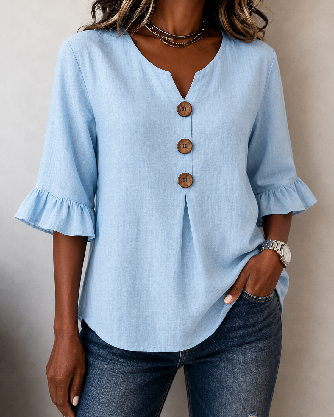 Women's Ruffle Front Blouse – Button Detail Flowy Long Sleeve Blouse