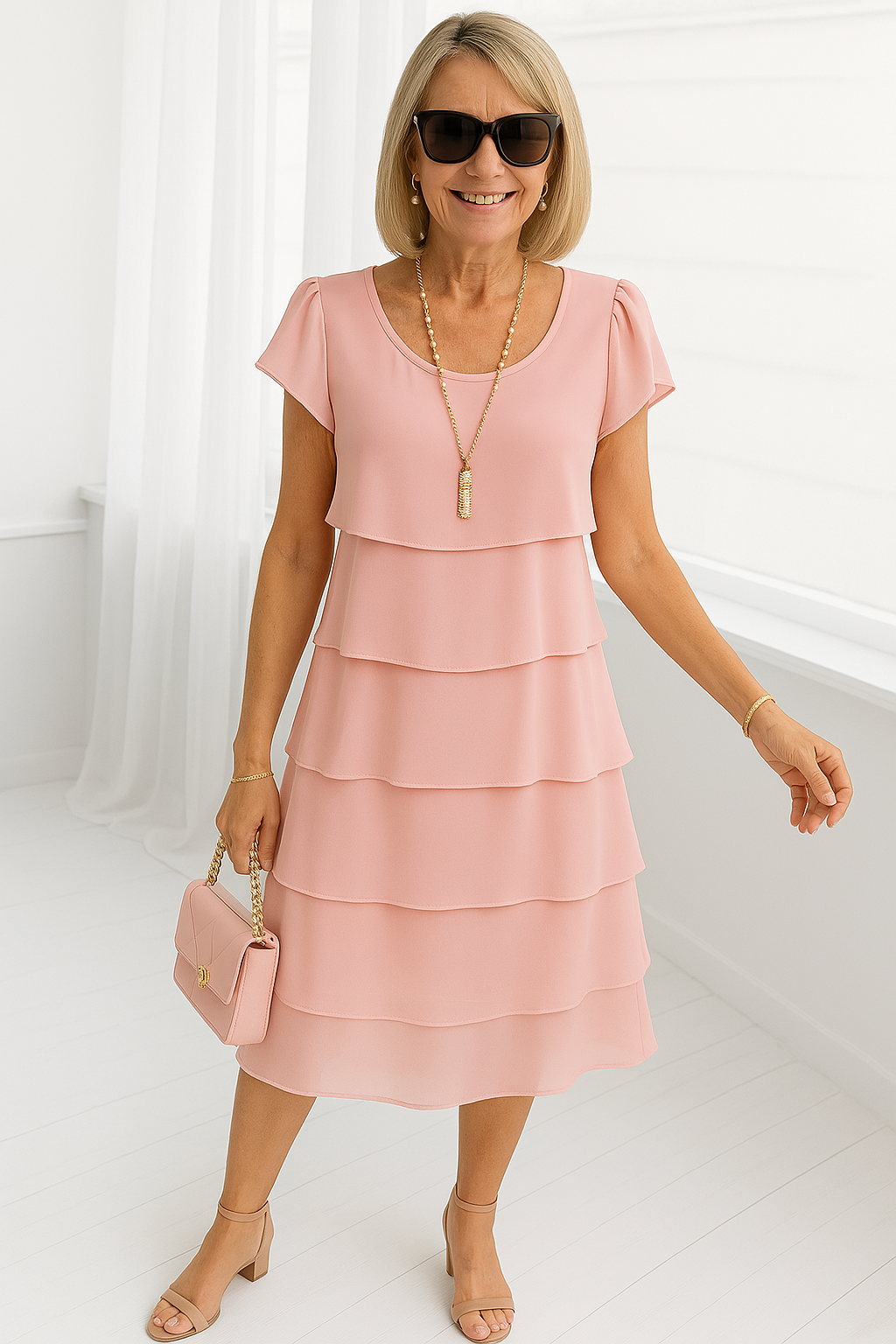Women's Layered Midi Dress – Short Sleeve Dress