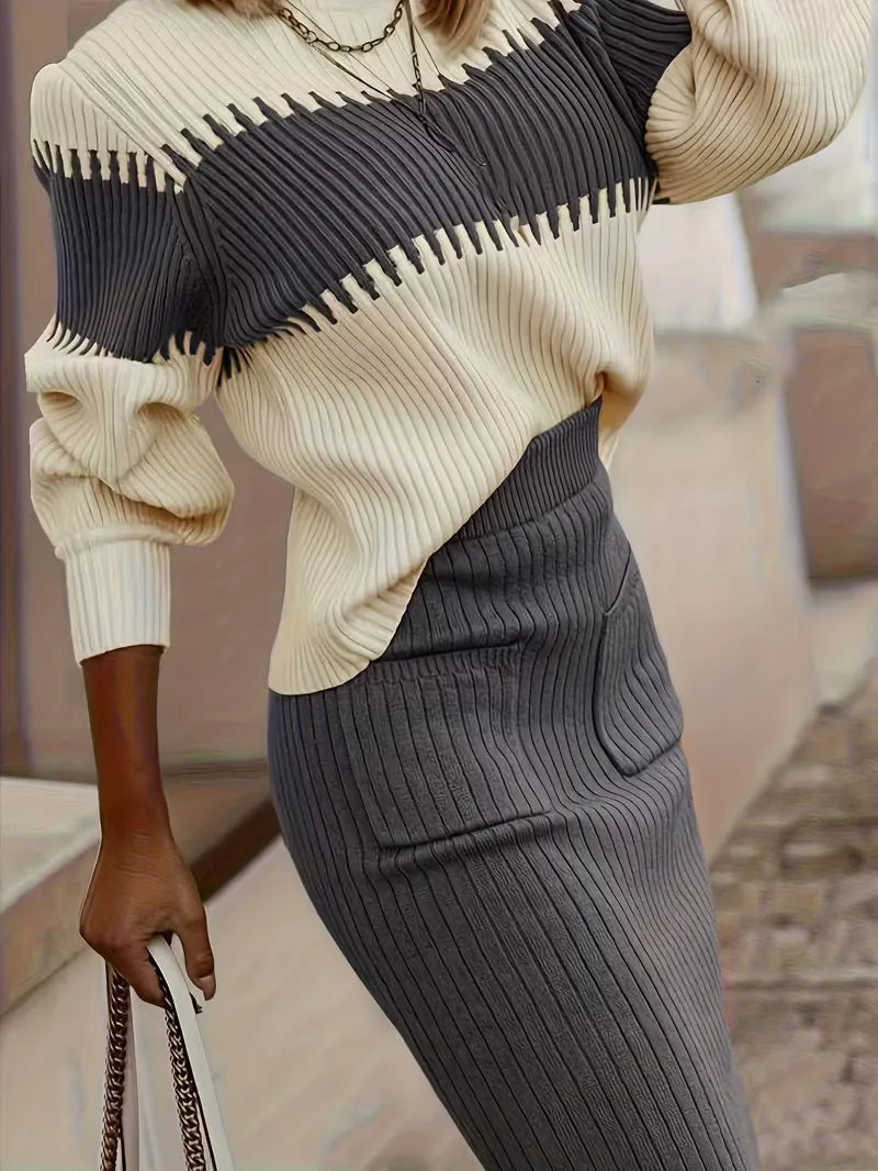 Women's Ribbed Sweater Set – Matching Knit Skirt Set