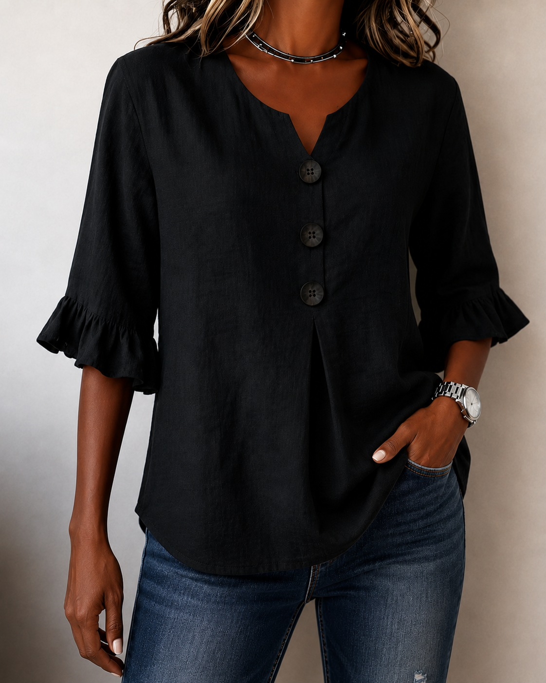 Women's Ruffle Front Blouse – Button Detail Flowy Long Sleeve Blouse