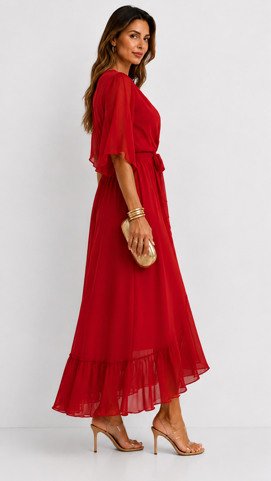 Women's V-Neck Wrap Dress – Tie Waist Flowy Occasion Dress