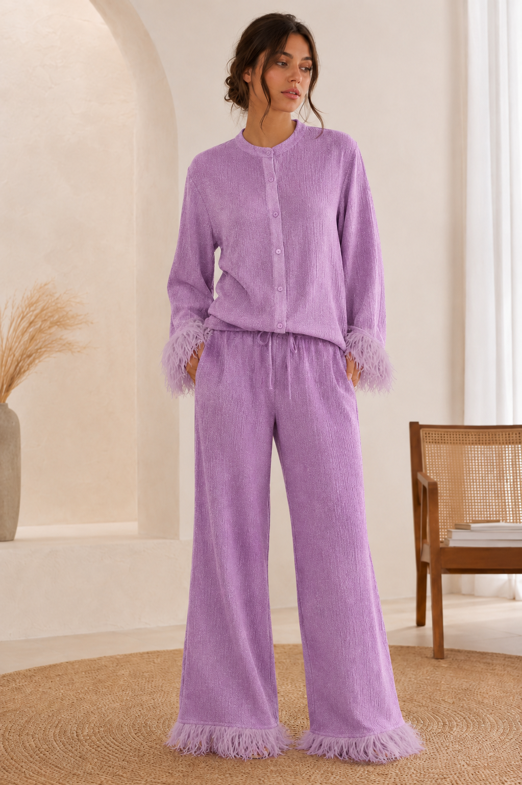 Women's Feather Trim Sequin Set – Glitter Blouse & Wide Leg Pants Set