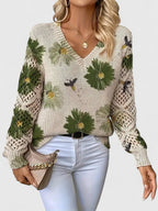 Women's Floral V-Neck Cardigan – Lightweight Flower Knit Cardigan