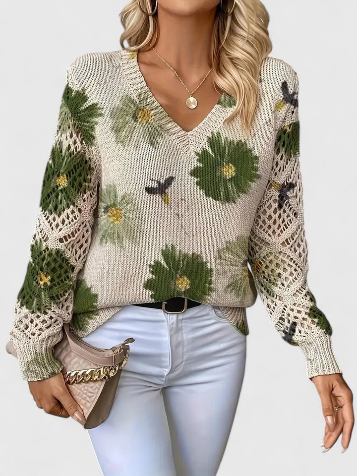 Women's Floral V-Neck Cardigan – Lightweight Flower Knit Cardigan