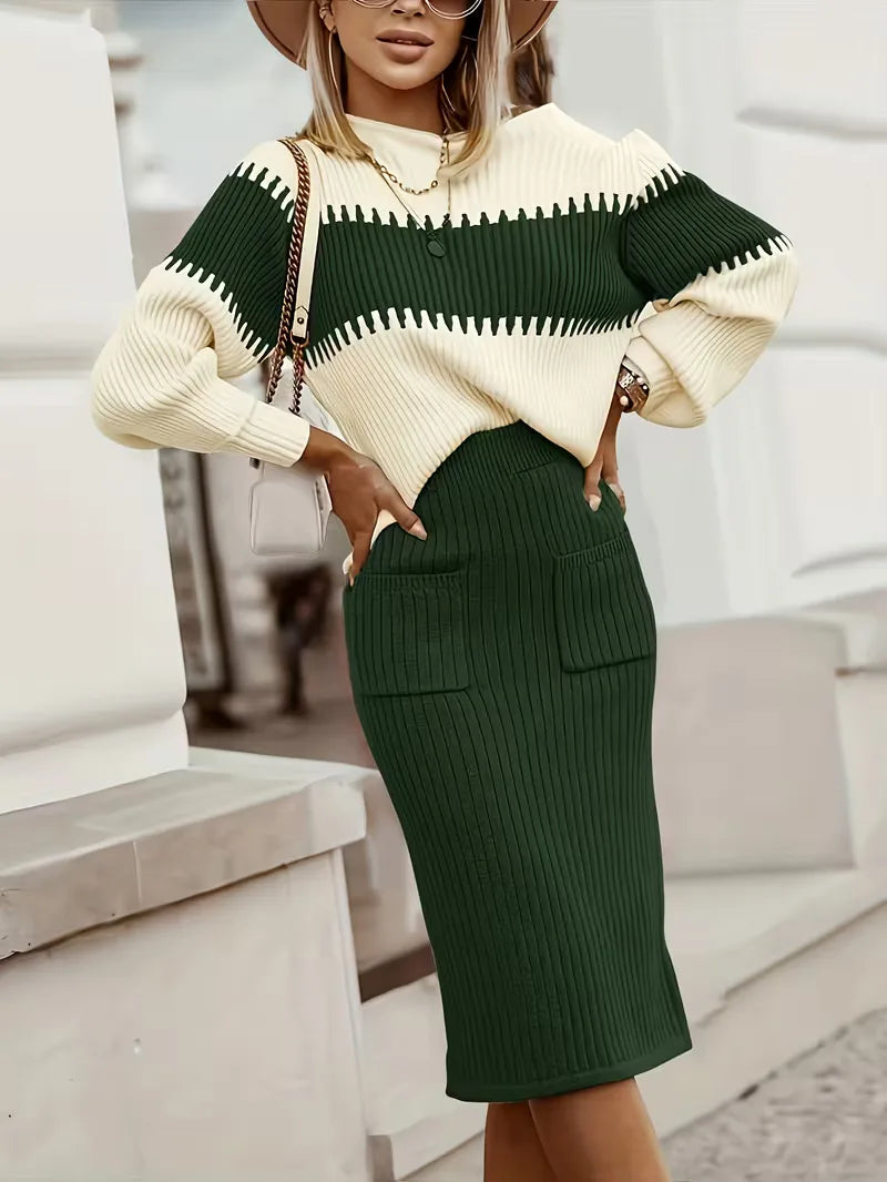 Women's Ribbed Sweater Set – Matching Knit Skirt Set