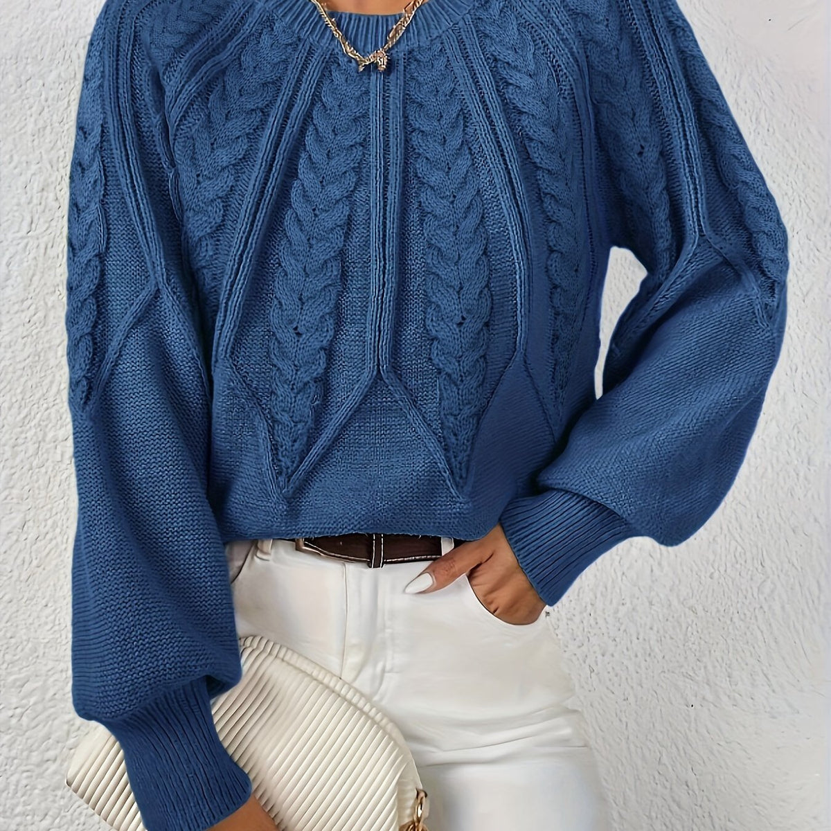 Women's Lantern Sleeve Sweater – Cable Knit Winter Sweater