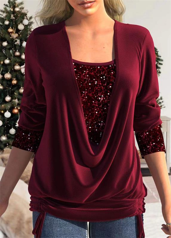 Women's Sequin Statement Blouse – Sparkle Overlay Evening Top