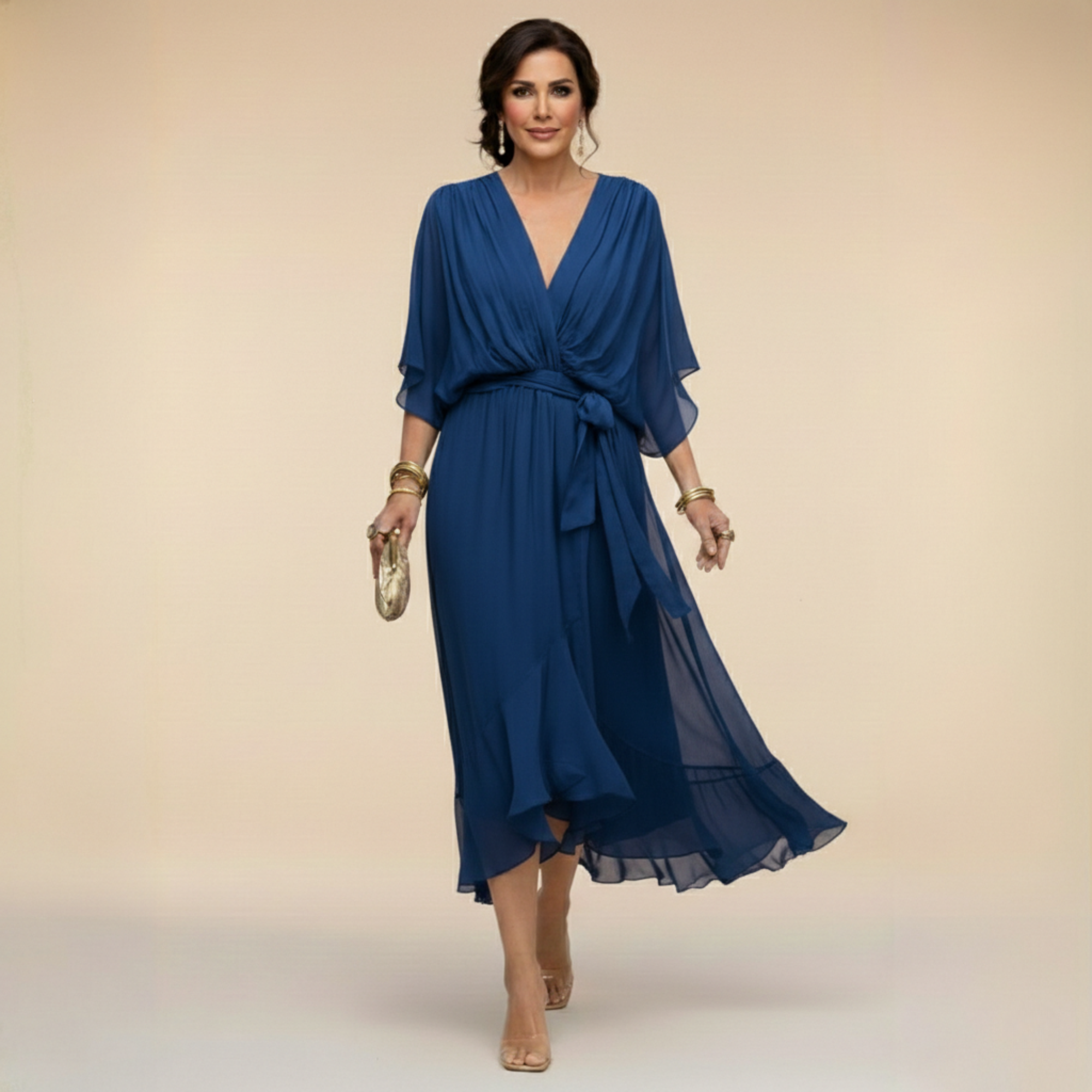 Women's V-Neck Long Sleeve Dress – Flowy Formal Occasion Dress