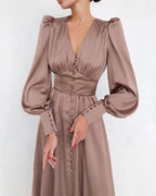 Women's V-Neck Wedding Guest Maxi Dress – Lantern Sleeve Flowy Formal Dress