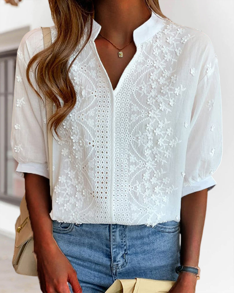 Women's V-Neck Puff Sleeve Blouse – Relaxed Long Sleeve Blouse