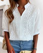 Women's V-Neck Puff Sleeve Blouse – Relaxed Long Sleeve Blouse