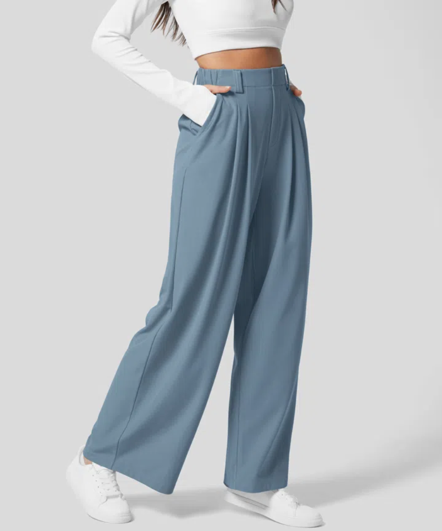 Women's High Waist Wide Leg Pants – Elastic Waist Four Pocket Trousers