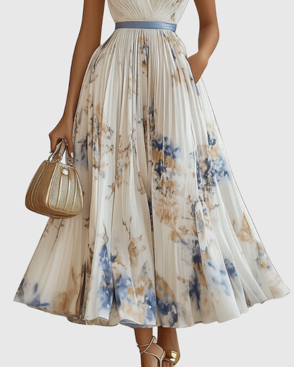 Women's Sleeveless Pleated Midi Dress – Floral Wedding Guest Occasion Dress