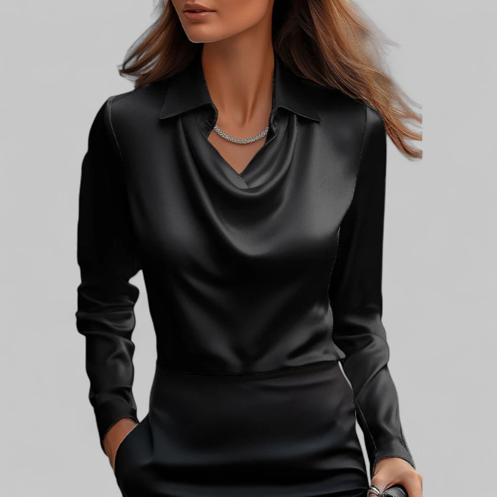 Women's Waterfall Neck Blouse with Draped Fit and Long Sleeves