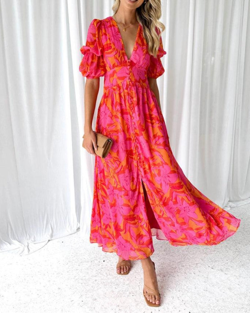Women's Puff Sleeve Maxi Dress – V-Neck Occasion Dress