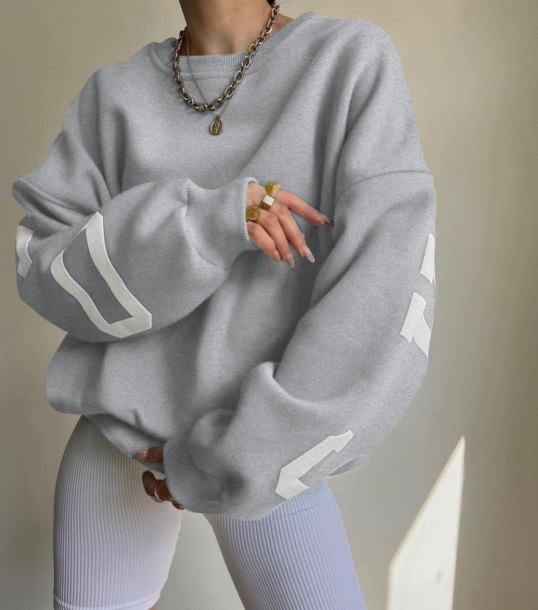 Women's Crew Neck Graphic Sweater – Printed Sleeve Relaxed Fit Pullover