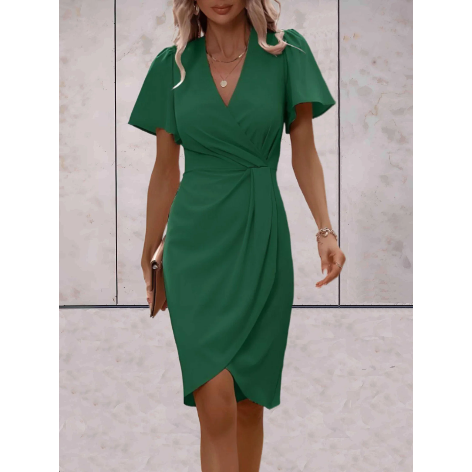 Women's Cocktail V-Neck Wrap Dress – Flowy Billowy Sleeve Occasion Dress