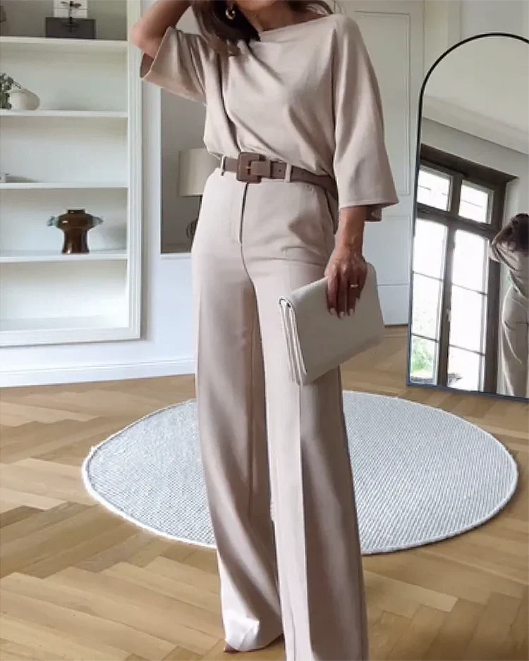 Women's Tailored Wide Leg Pants Set – Relaxed Top & Dressy Trousers