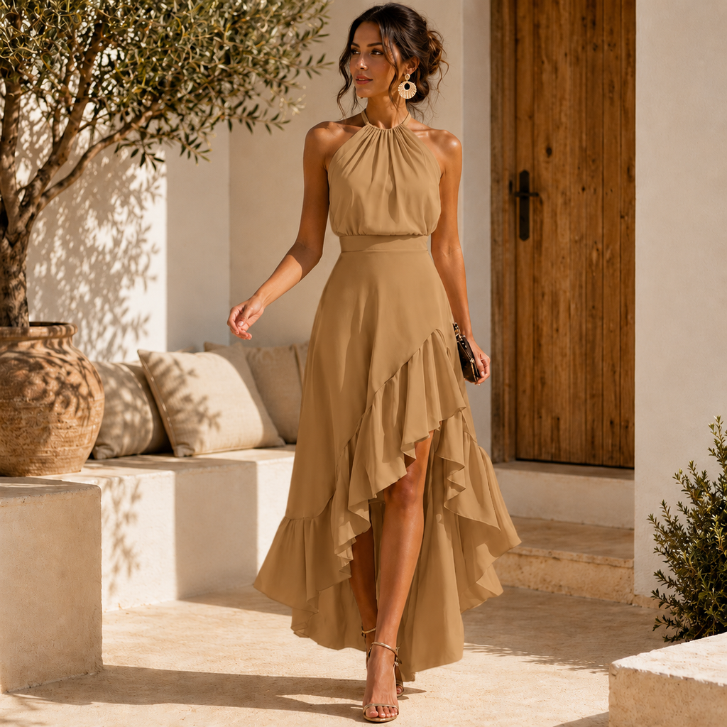 Women's Pleated Halter Midi Dress – Ruffle Wedding Guest Occasion Dress