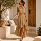 Women's Pleated Halter Midi Dress – Ruffle Wedding Guest Occasion Dress