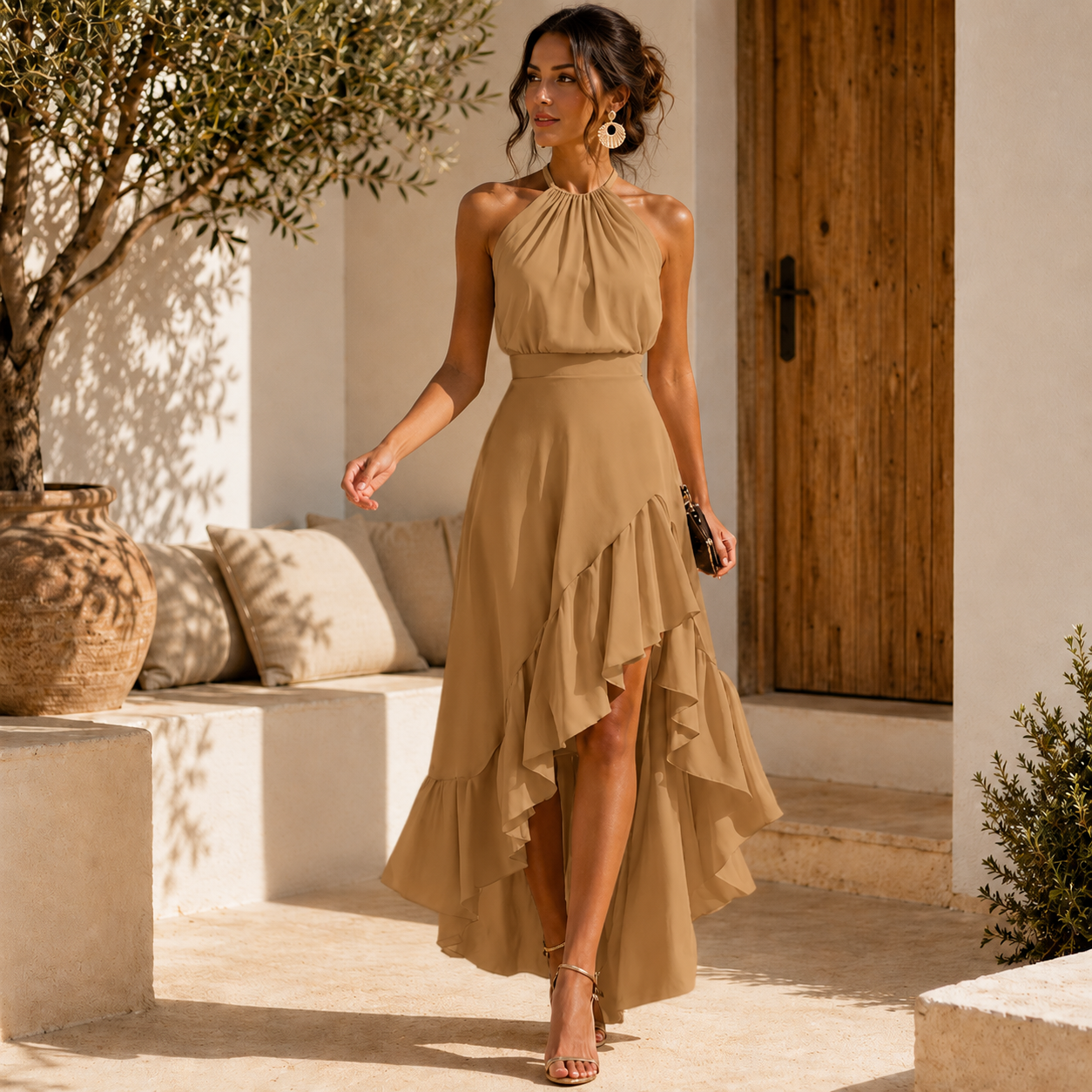 Women's Pleated Halter Midi Dress – Ruffle Wedding Guest Occasion Dress