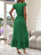 Women's V-Neck Tiered Maxi Dress – Short Sleeve Smocked Waist Evening Dress